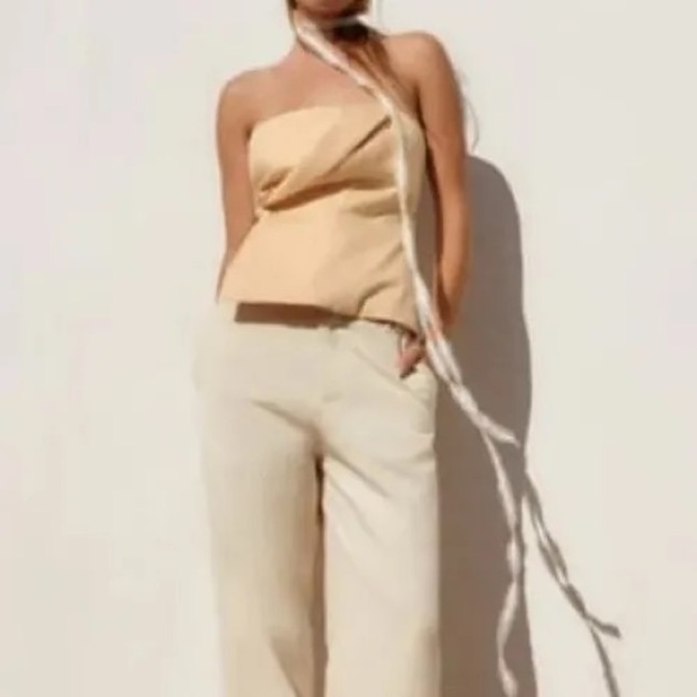 Zara Asymmetric Cotton Cream STRAPLESS GABARDINE TOP